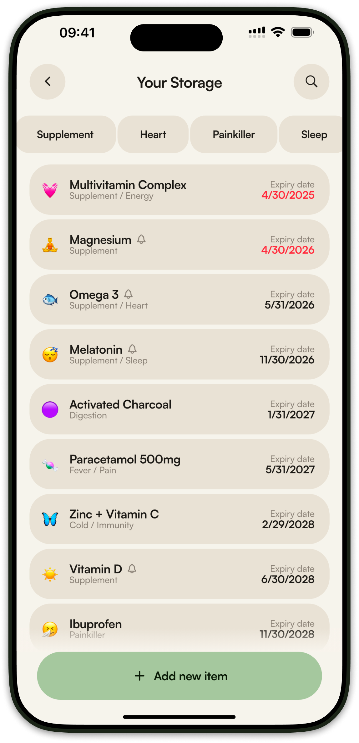 Pillo screen showing storage with expiry dates color-coded for each item — green for fine, amber for soon, red for expired.